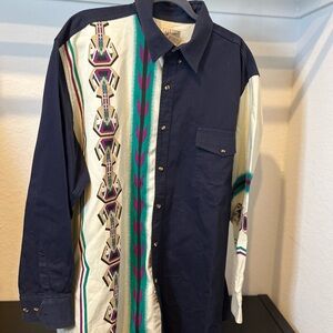 Vtg 90s Express Rider Men’s Aztec Western Shirt Button Up Size XL Navy White